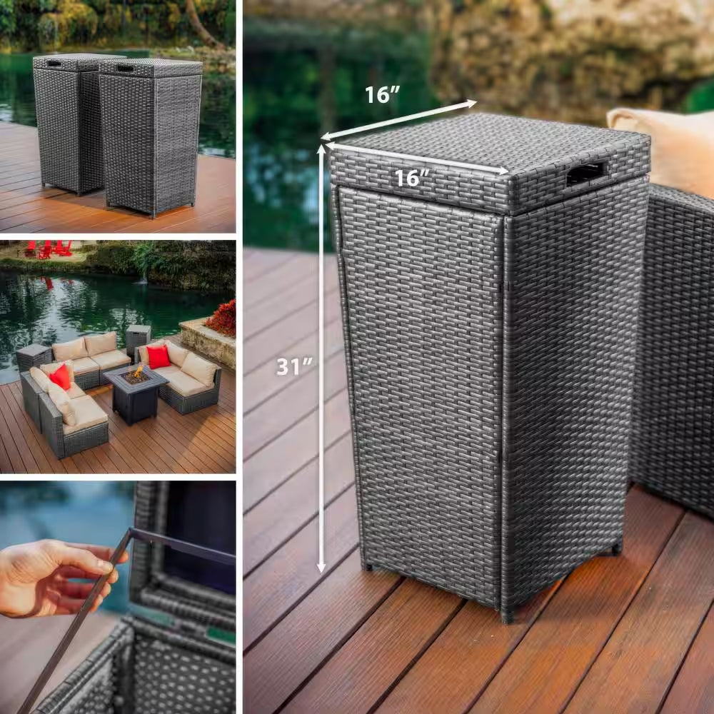 35 Gal. Gray Wicker Rattan Outdoor Trash Can with Lid for Outdoor Patio