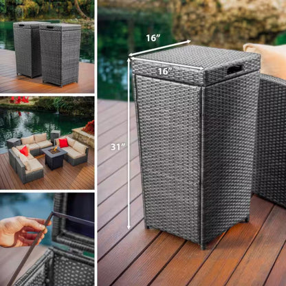 35 Gal. Gray Wicker Rattan Outdoor Trash Can with Lid for Outdoor Patio