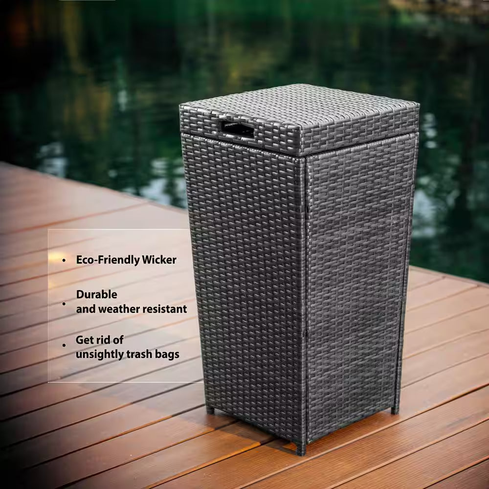 35 Gal. Gray Wicker Rattan Outdoor Trash Can with Lid for Outdoor Patio
