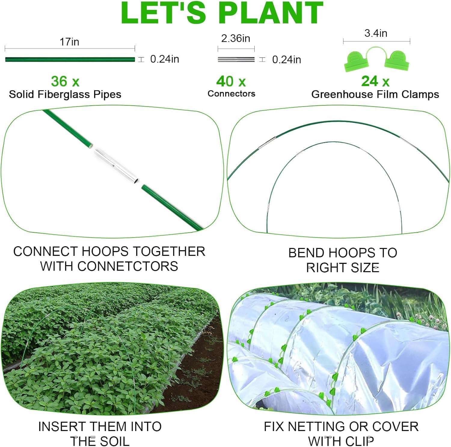 Garden Hoops for Raised Beds Row Cover, 36Pcs 8Ft Greenhouse Garden Grow Tunnel