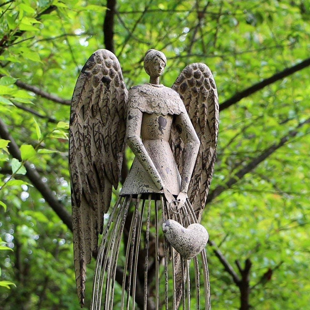 Antiqued Metal Garden Angel Statue with Heart, Indoor Outdoor Angel Yard Art Decor Lawn Patio Decorations Holiday Decor Garden Gift Idea, 32’’H (Heart)