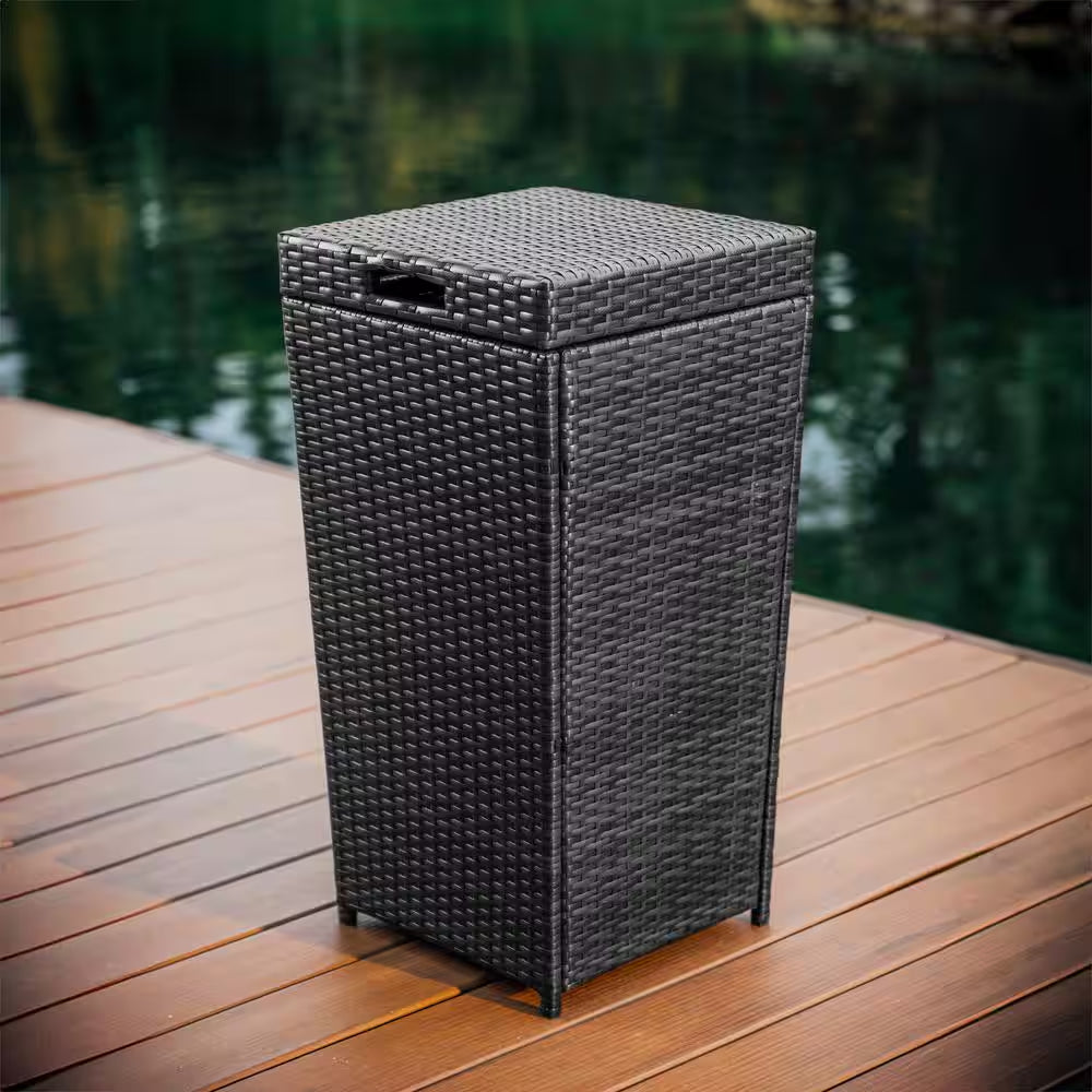 35 Gal. Gray Wicker Rattan Outdoor Trash Can with Lid for Outdoor Patio