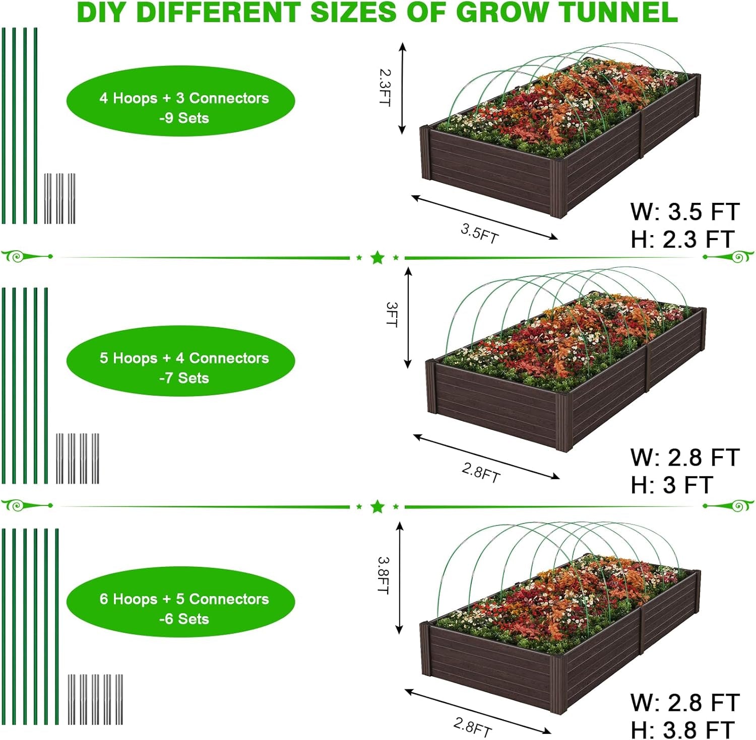 Garden Hoops for Raised Beds Row Cover, 36Pcs 8Ft Greenhouse Garden Grow Tunnel